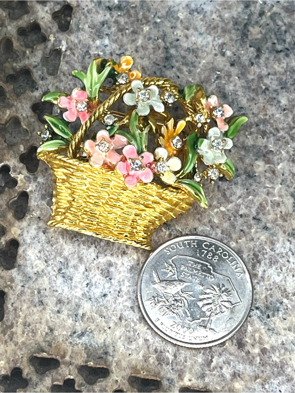 Vintage BSK “My Fair Lady” Gold Tone & Enamel Flower Basket Brooch 1964